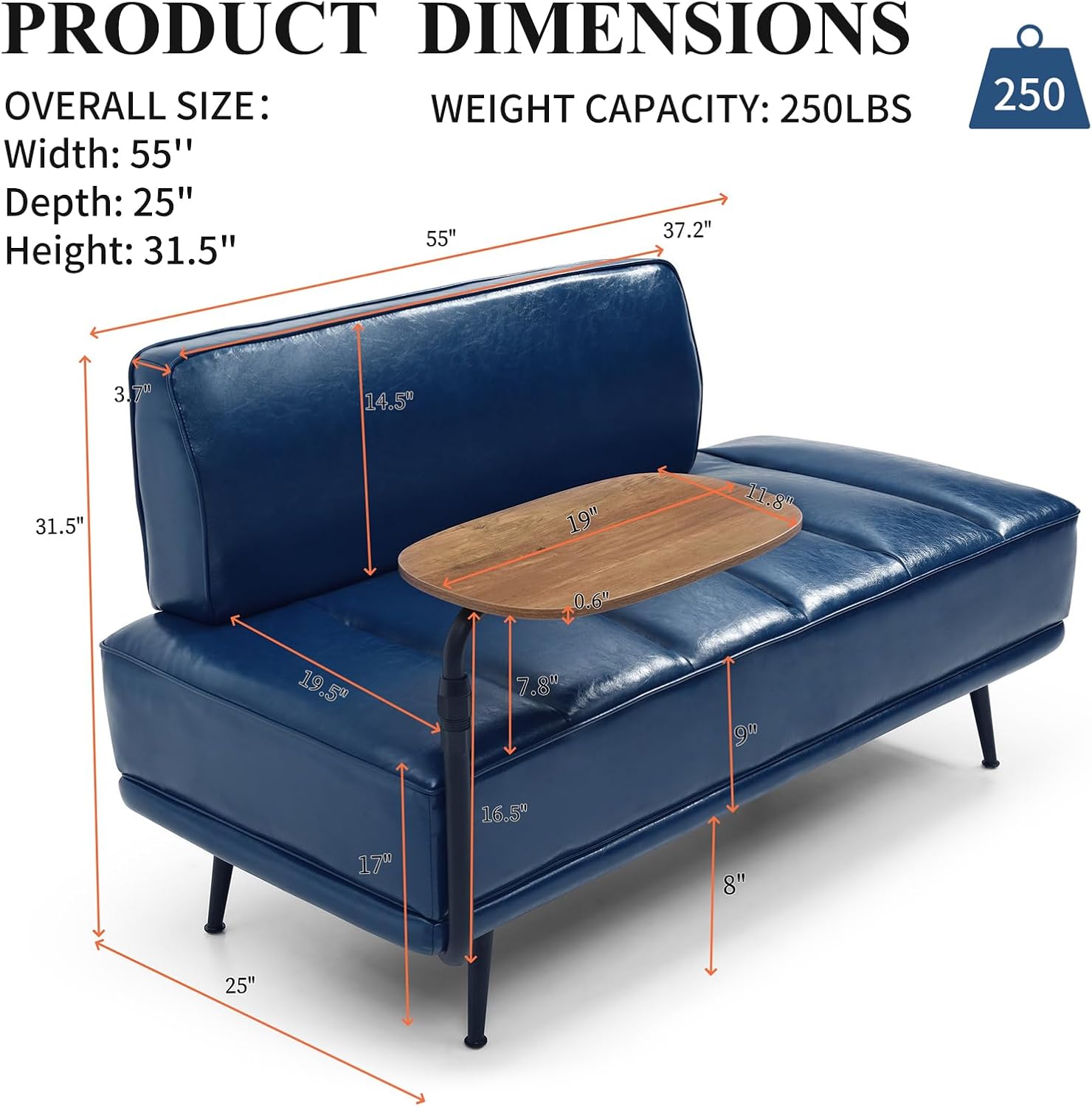 Modern Loveseat Sofa Couch, PU Leather Upholstered Small 2 Seat Sofa Couch with Side Table, Tufted Accent Sofa Couch with Metal Legs
