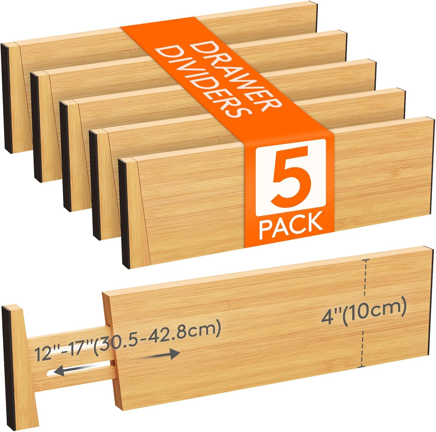 5 Pack Drawer Dividers Bamboo 4" High, 12-17" Adjustable Drawer Organizers for Clothes, Expandable Dresser Separators