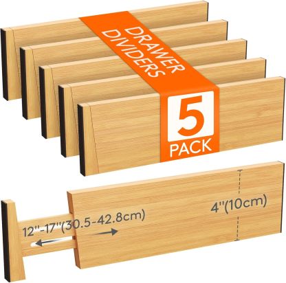 5 Pack Drawer Dividers Bamboo 4" High, 12-17" Adjustable Drawer Organizers for Clothes, Expandable Dresser Separators