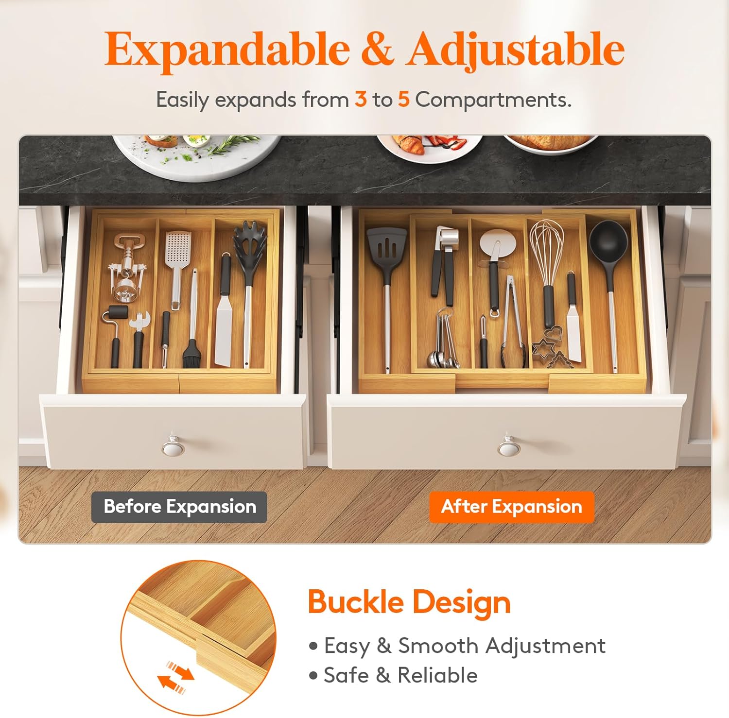 Utensil Organizer for Kitchen Drawer, Expandable Cooking Utensil Tray, Bamboo Cutlery Silverware Flatware Holder