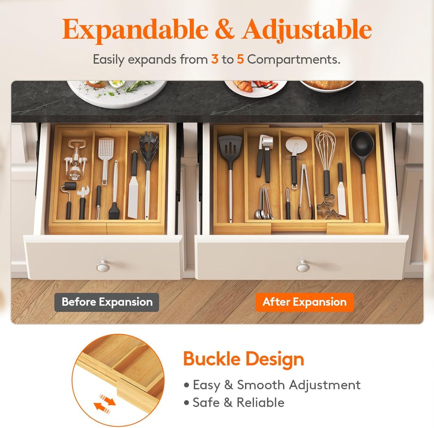 Utensil Organizer for Kitchen Drawer, Expandable Cooking Utensil Tray, Bamboo Cutlery Silverware Flatware Holder