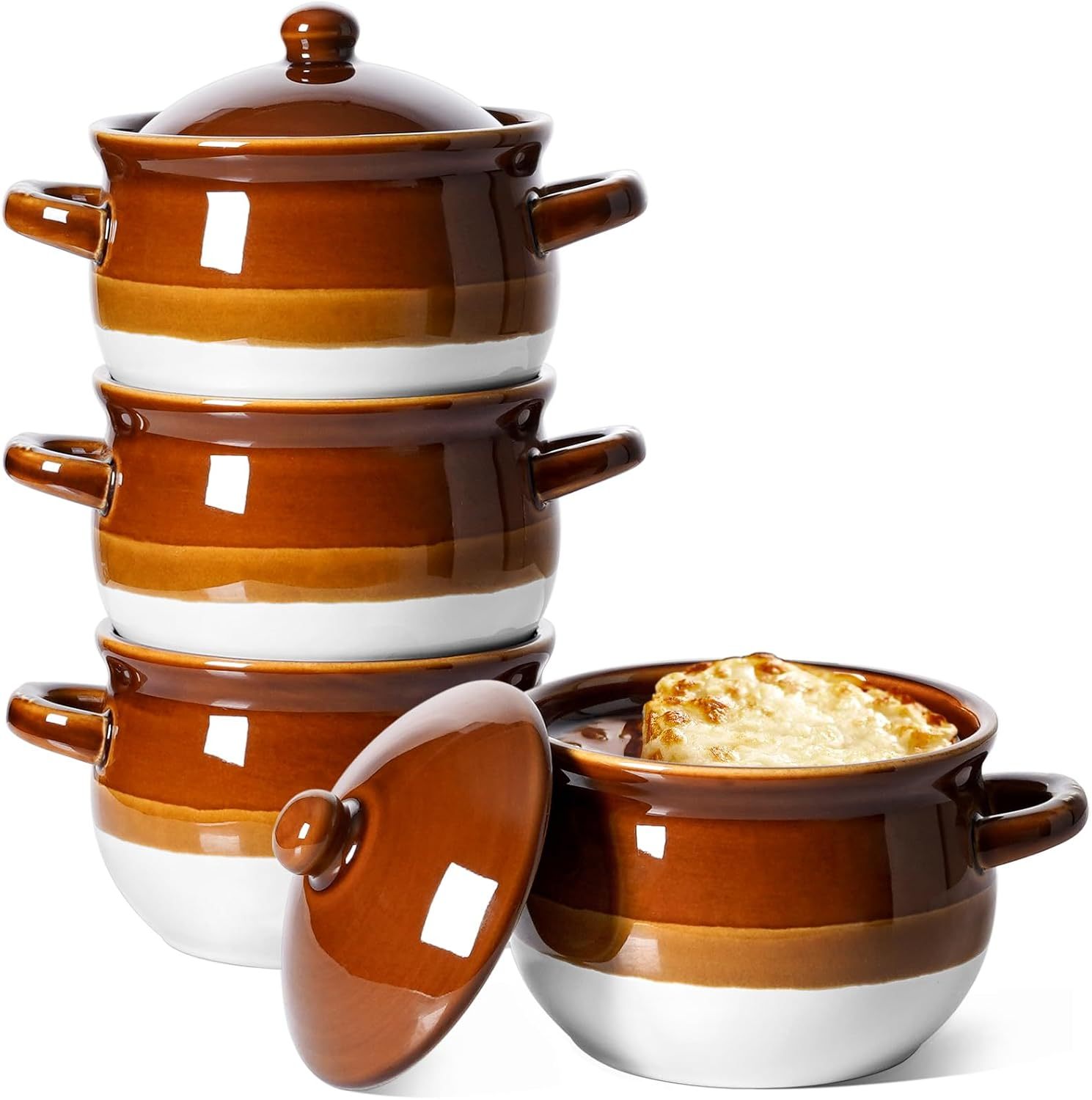French Onion Soup Bowls with Lid, 16 Oz French Onion Soup Crocks Oven Safe Ceramic Soup Bowls with Handles for Soup, Chili, Beef Stew, Cereal, Pot Pies, Set of 4
