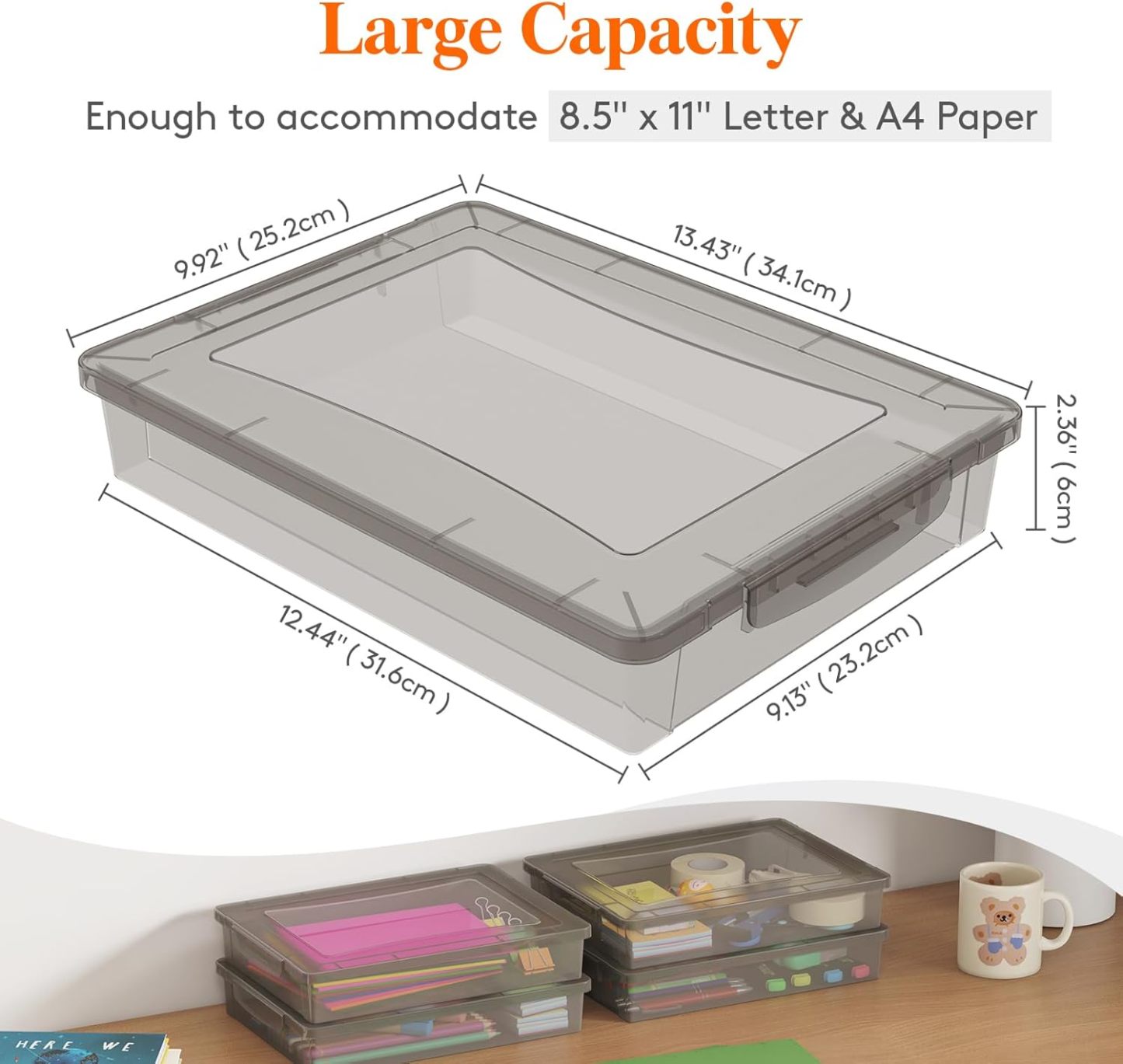 6 Pack Plastic Multi-Purpose Storage Box with Latching Lids, Gray A4, 8.5" x 11" Letter Size Paper Storage