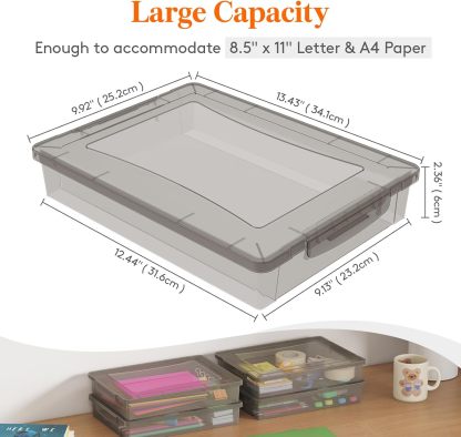 6 Pack Plastic Multi-Purpose Storage Box with Latching Lids, Gray A4, 8.5" x 11" Letter Size Paper Storage
