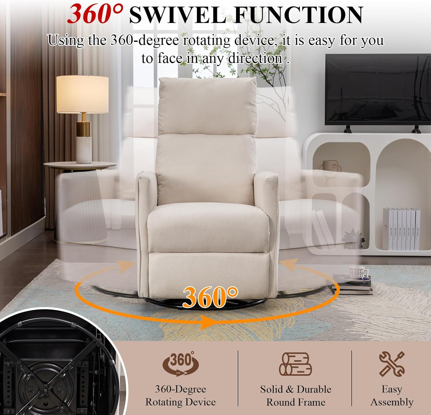 Nursery Rocking Chair, Linen Upholstered Glider Chair with High Backrest and Footrest, Manual Recliner Sofa Chair with Side Pocket