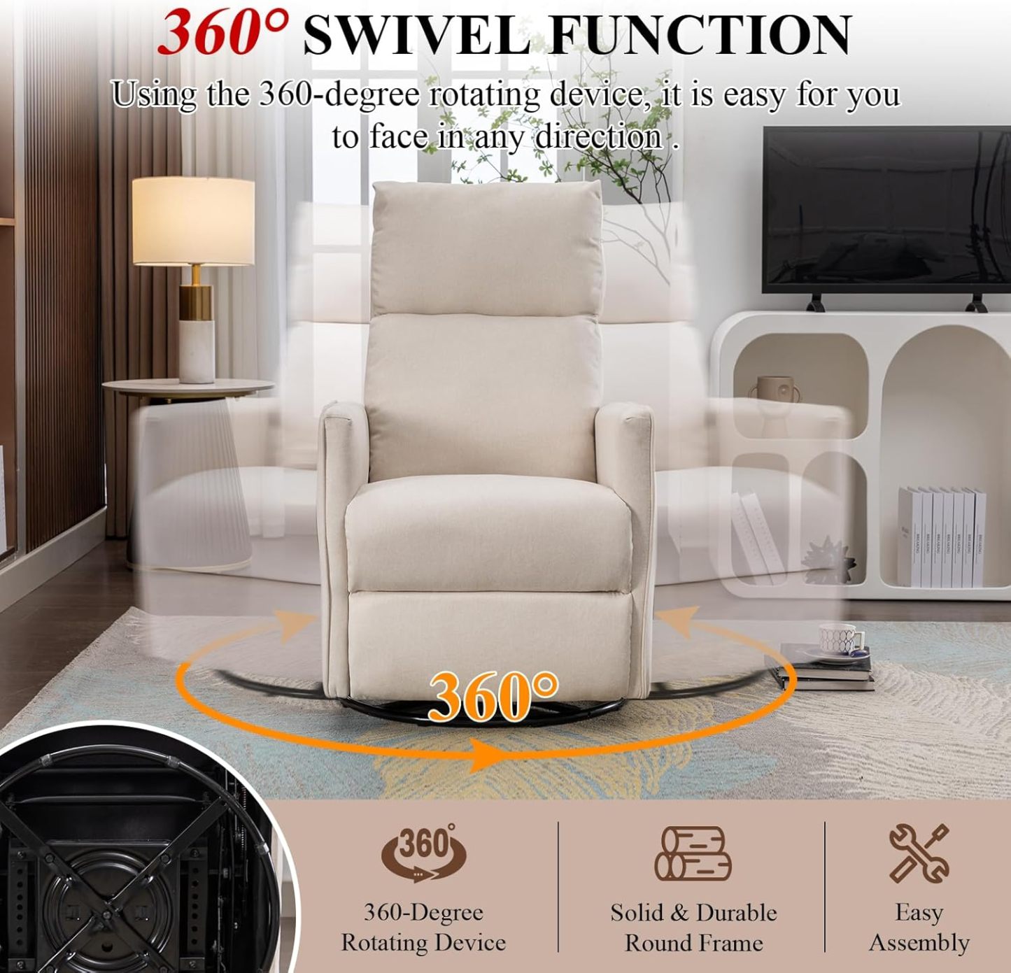 Nursery Rocking Chair, Linen Upholstered Glider Chair with High Backrest and Footrest, Manual Recliner Sofa Chair with Side Pocket