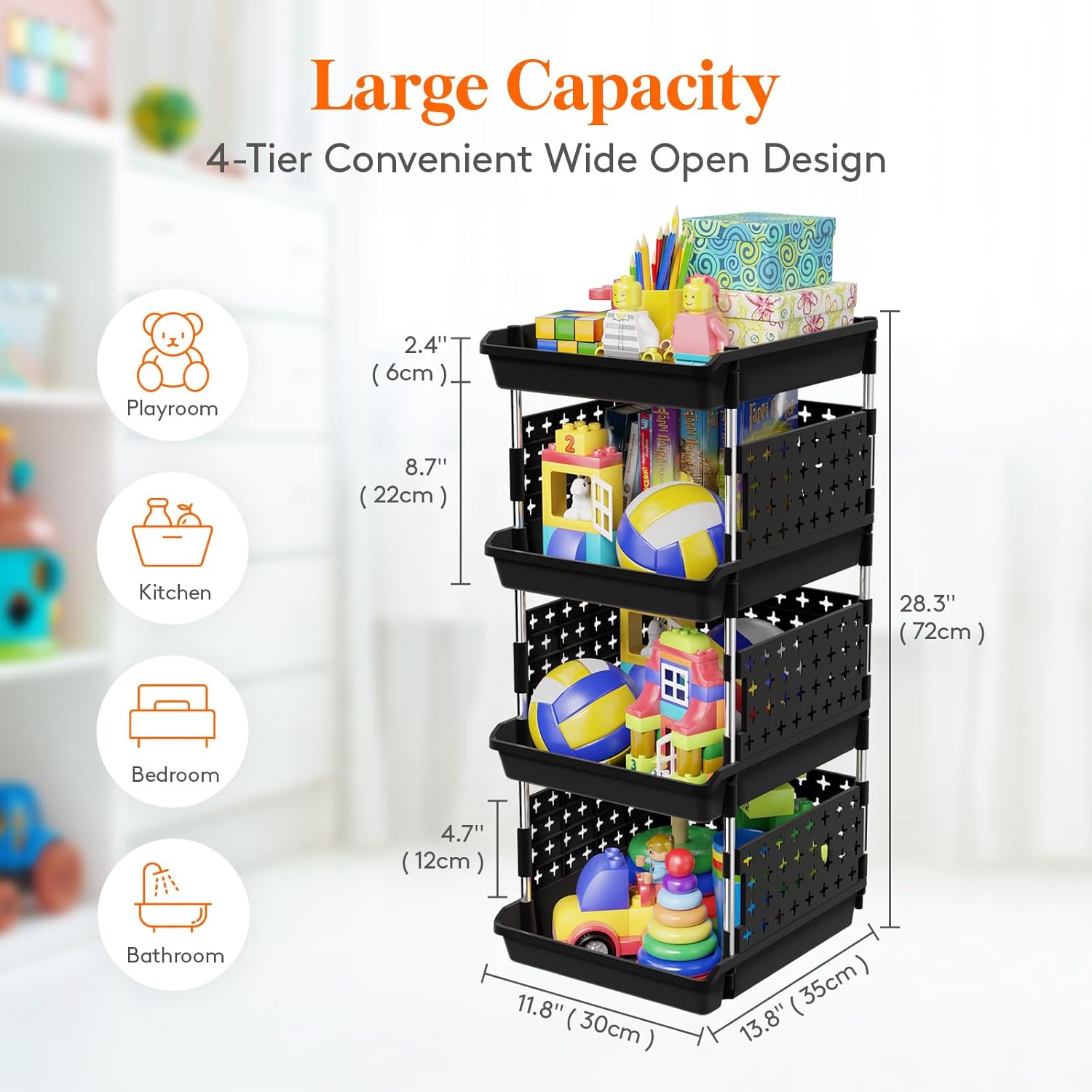 Stackable Storage Bins, 4 Tier Stackable Baskets for Closet, Playroom, Kitchen, Food, and Pantry Organization