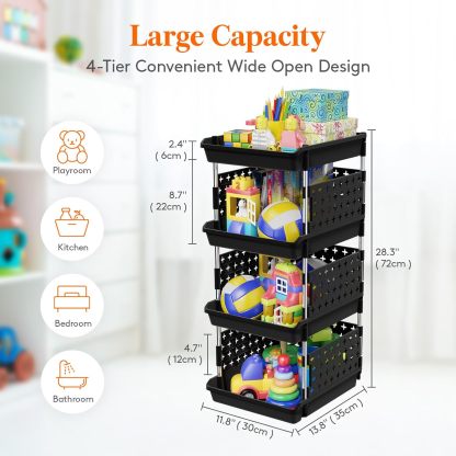 Stackable Storage Bins, 4 Tier Stackable Baskets for Closet, Playroom, Kitchen, Food, and Pantry Organization