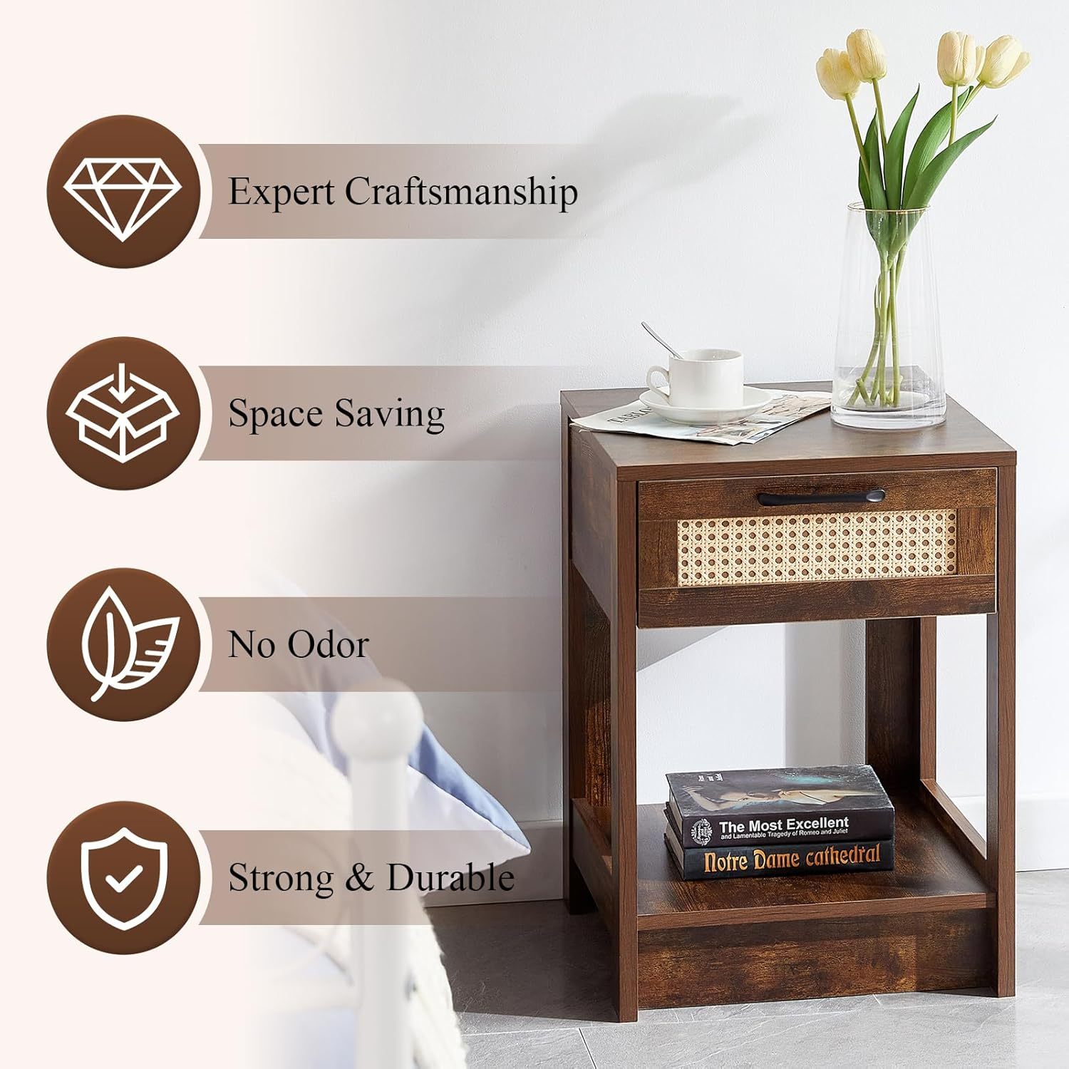 Natural Rattan Nightstand Set of 2, Bed Side Tables with Drawer, Wooden End Table with Storage Shelf