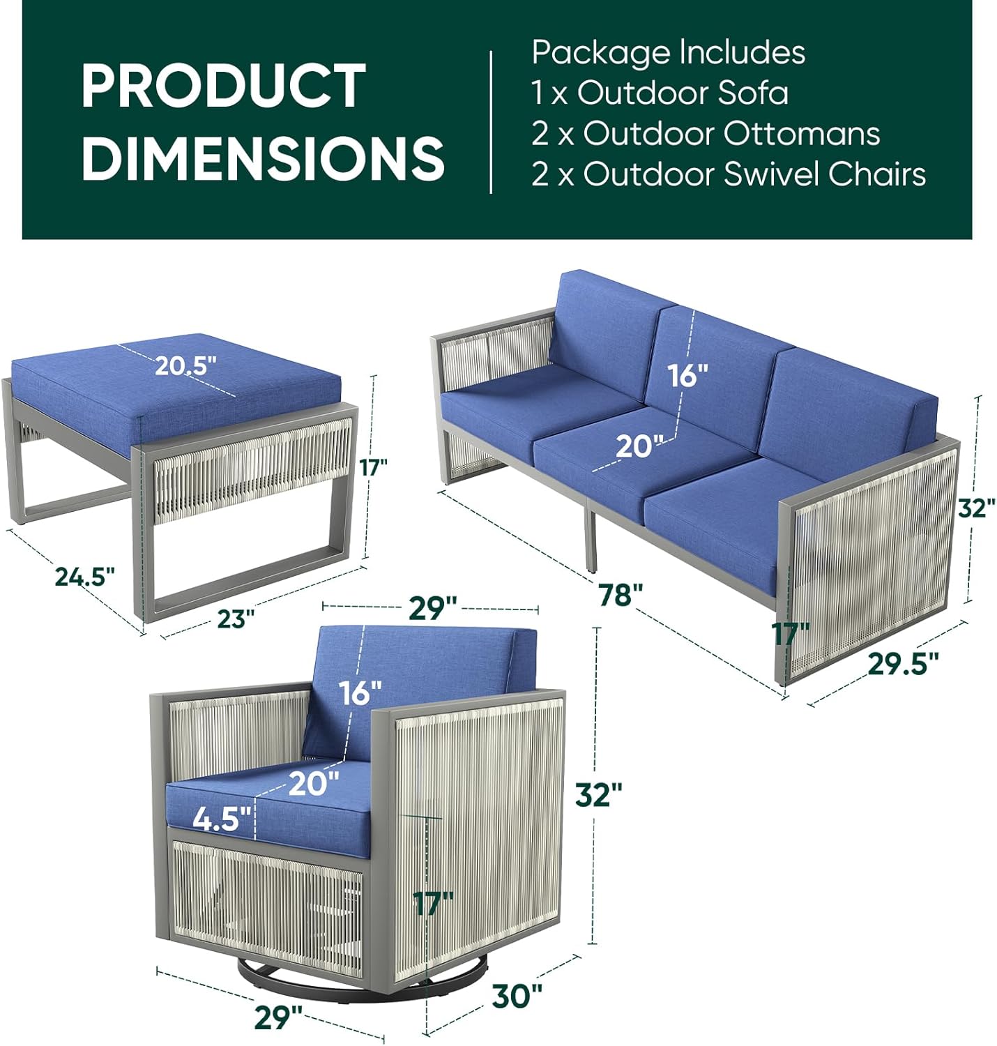 5 Piece Patio Furniture Set High Back Outdoor Couch with Outdoor Rocking Chair Wicker Outdoor Furniture