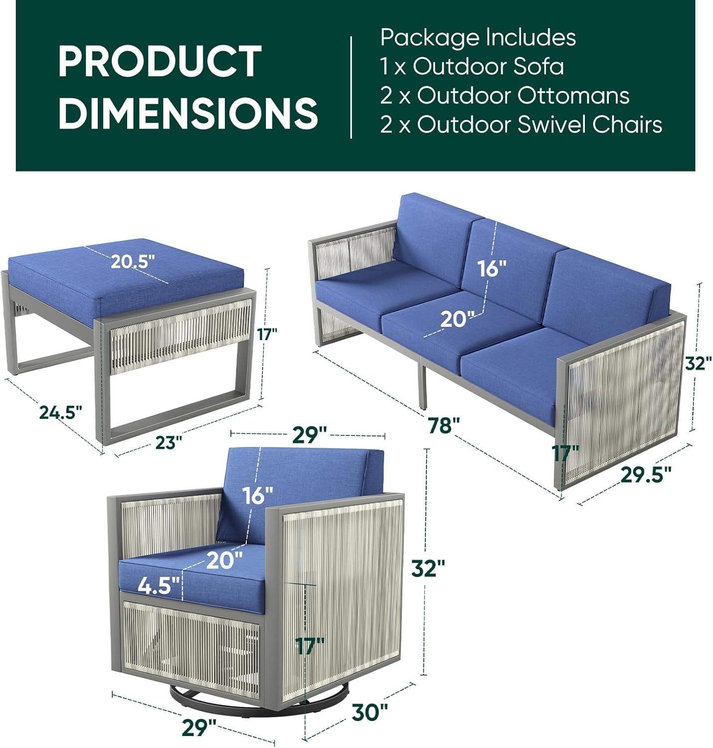 5 Piece Patio Furniture Set High Back Outdoor Couch with Outdoor Rocking Chair Wicker Outdoor Furniture