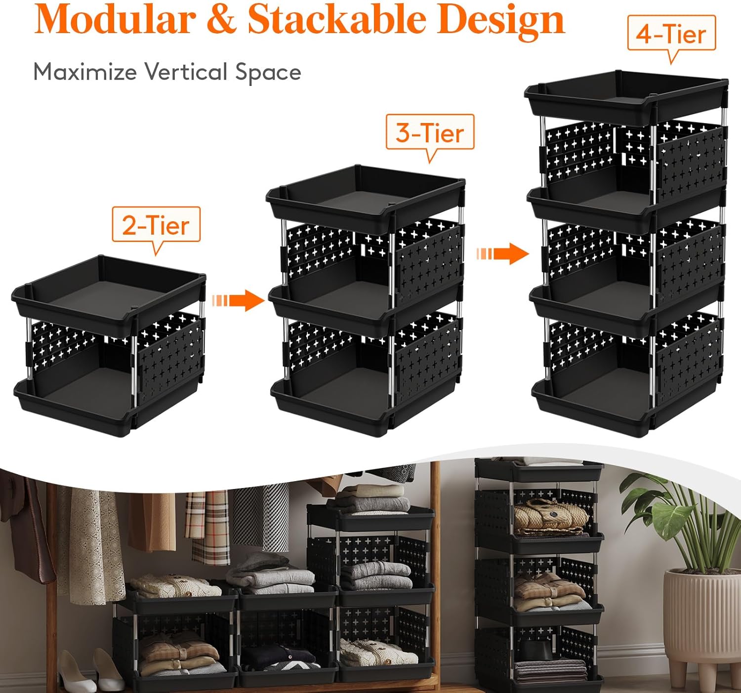 Stackable Storage Bins, 4 Tier Stackable Baskets for Closet, Playroom, Kitchen, Food, and Pantry Organization