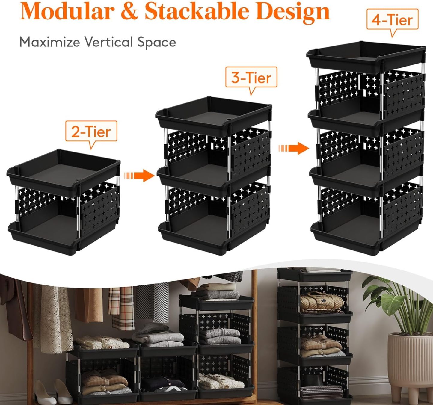 Stackable Storage Bins, 4 Tier Stackable Baskets for Closet, Playroom, Kitchen, Food, and Pantry Organization
