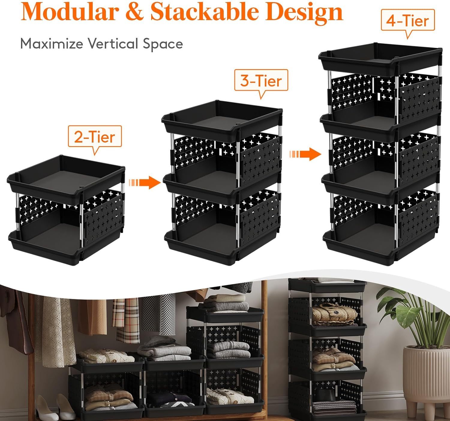 Stackable Storage Bins, 4 Tier Stackable Baskets for Closet, Playroom, Kitchen, Food, and Pantry Organization