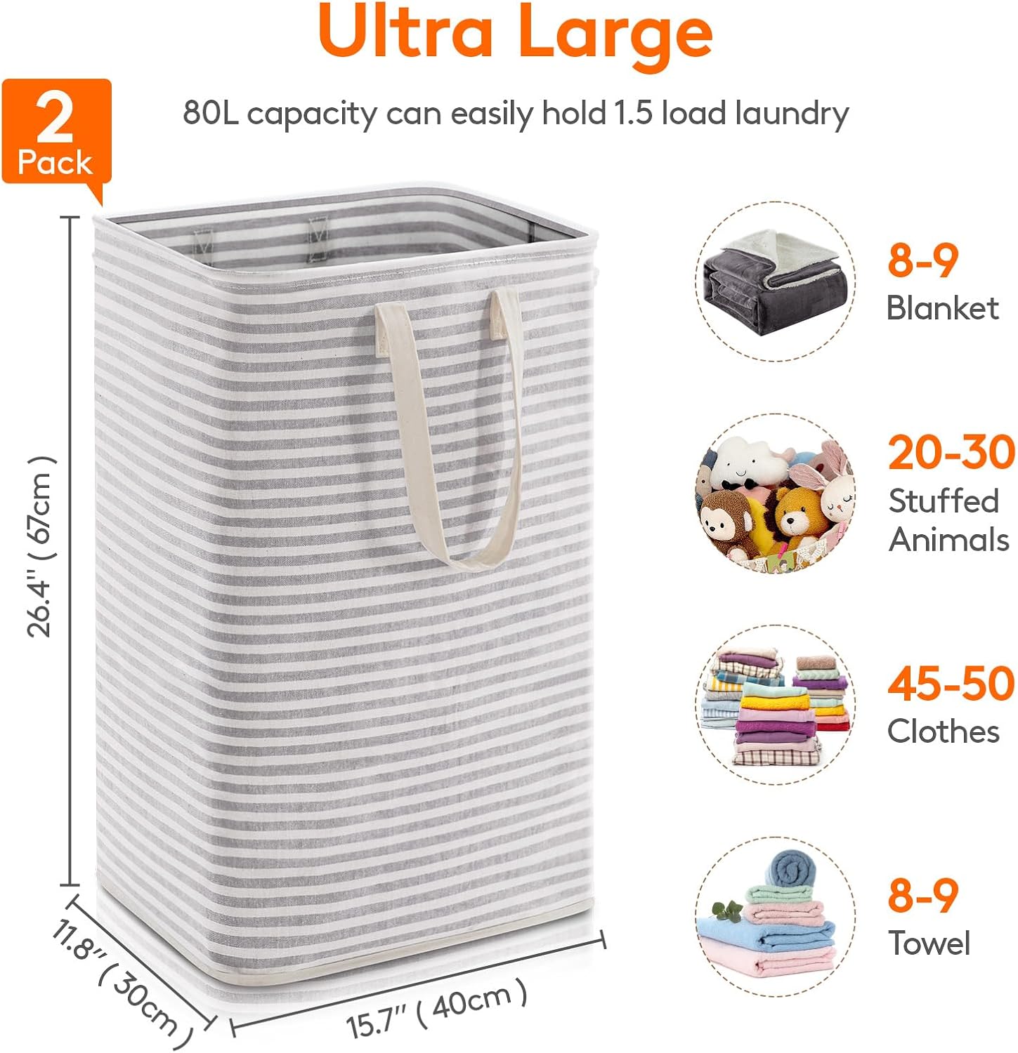 2 Pack Laundry Hamper Large Collapsible Laundry Baskets, Freestanding Waterproof Clothes Hamper