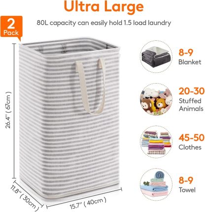 2 Pack Laundry Hamper Large Collapsible Laundry Baskets, Freestanding Waterproof Clothes Hamper