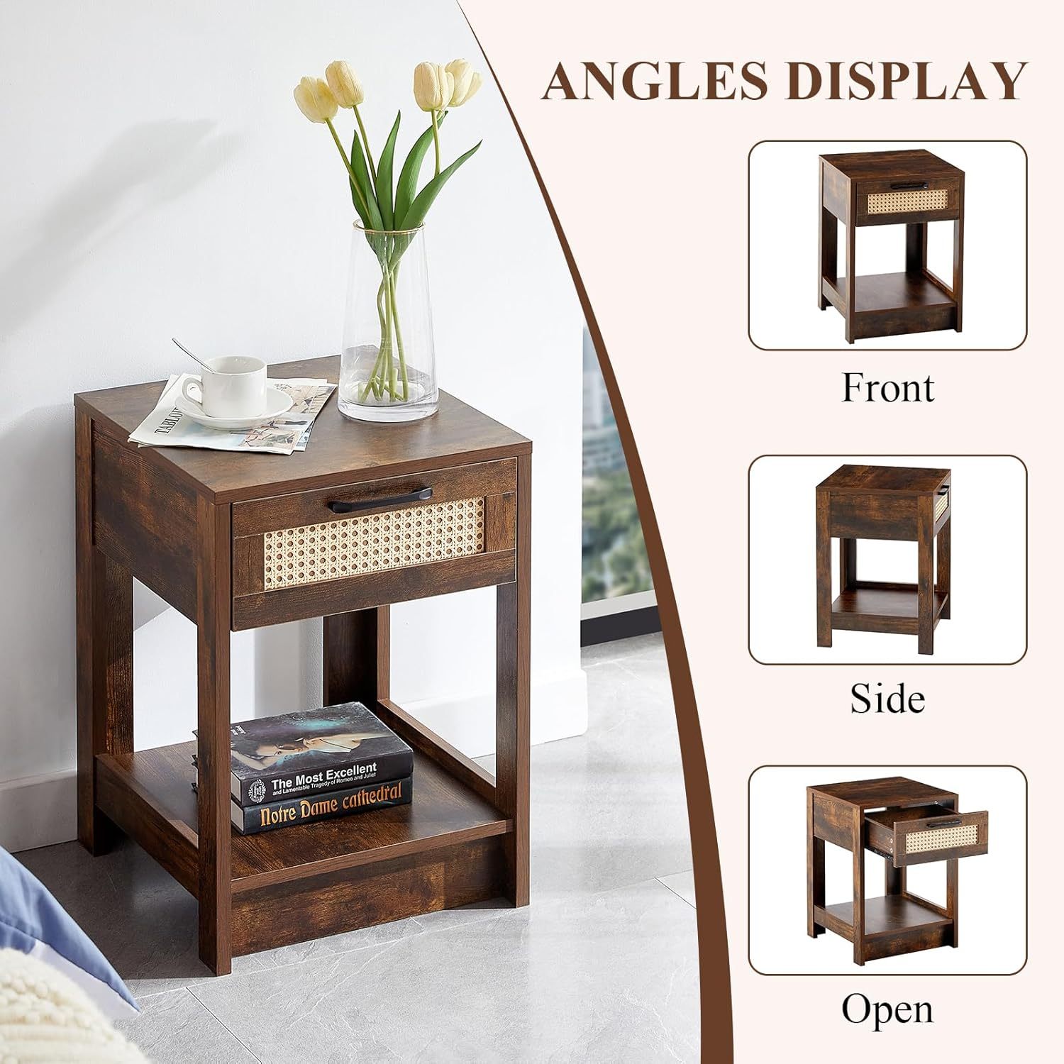 Natural Rattan Nightstand Set of 2, Bed Side Tables with Drawer, Wooden End Table with Storage Shelf