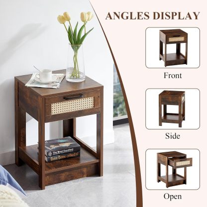 Natural Rattan Nightstand Set of 2, Bed Side Tables with Drawer, Wooden End Table with Storage Shelf