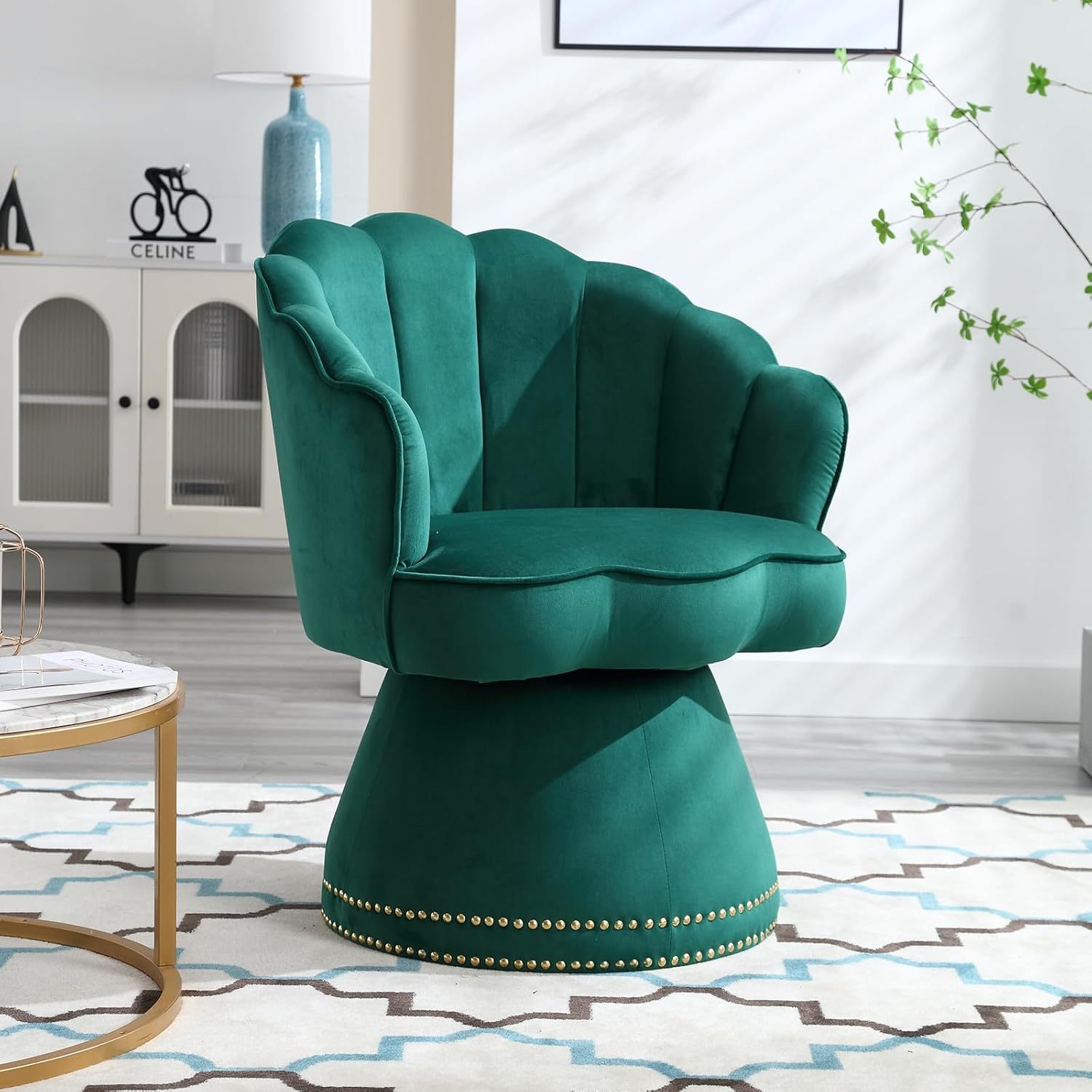 360 Degree Swivel Barrel Chair, Velvet Upholstered Armchair, Round Accent Sofa Chair with Shell Back Design and Nailhead Trim