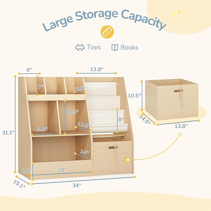 4 in 1 Kids Bookshelf and Toy Storage Organizer, 3-Tier Toy Organizers with Removable Toy Bins, Book Shelf for Kids Room