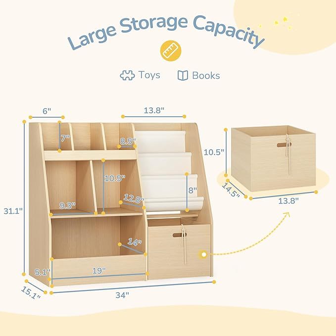 4 in 1 Kids Bookshelf and Toy Storage Organizer, 3-Tier Toy Organizers with Removable Toy Bins, Book Shelf for Kids Room