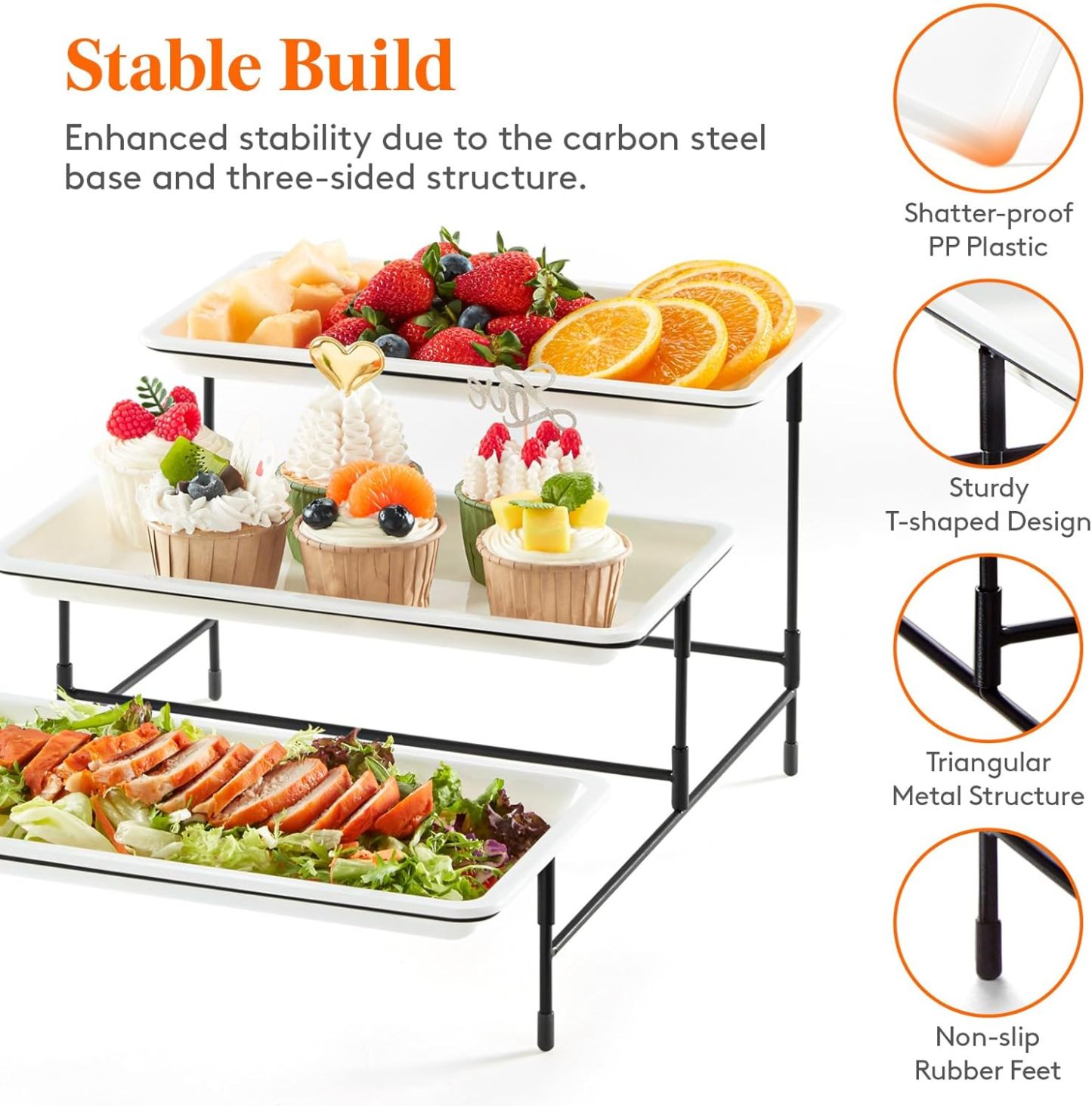 3 Tier Plastic Serving Tray for Party Supplies, 12" x 6.5" Platters for Serving Food, White Reusable Trays with Black Metal Display Stand