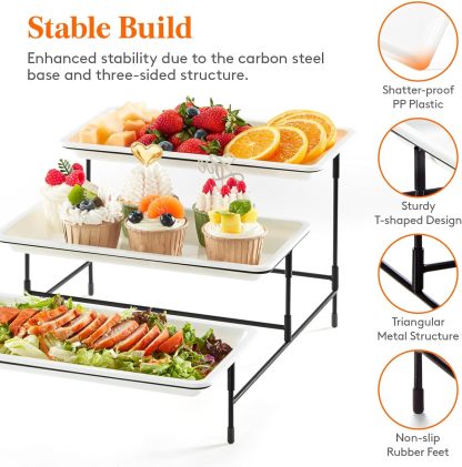 3 Tier Plastic Serving Tray for Party Supplies, 12" x 6.5" Platters for Serving Food, White Reusable Trays with Black Metal Display Stand