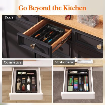 Silverware Drawer Organizer Tray, Plastic Cutlery Storage for Kitchen Drawer, Flatware and Utensil Holder Divider