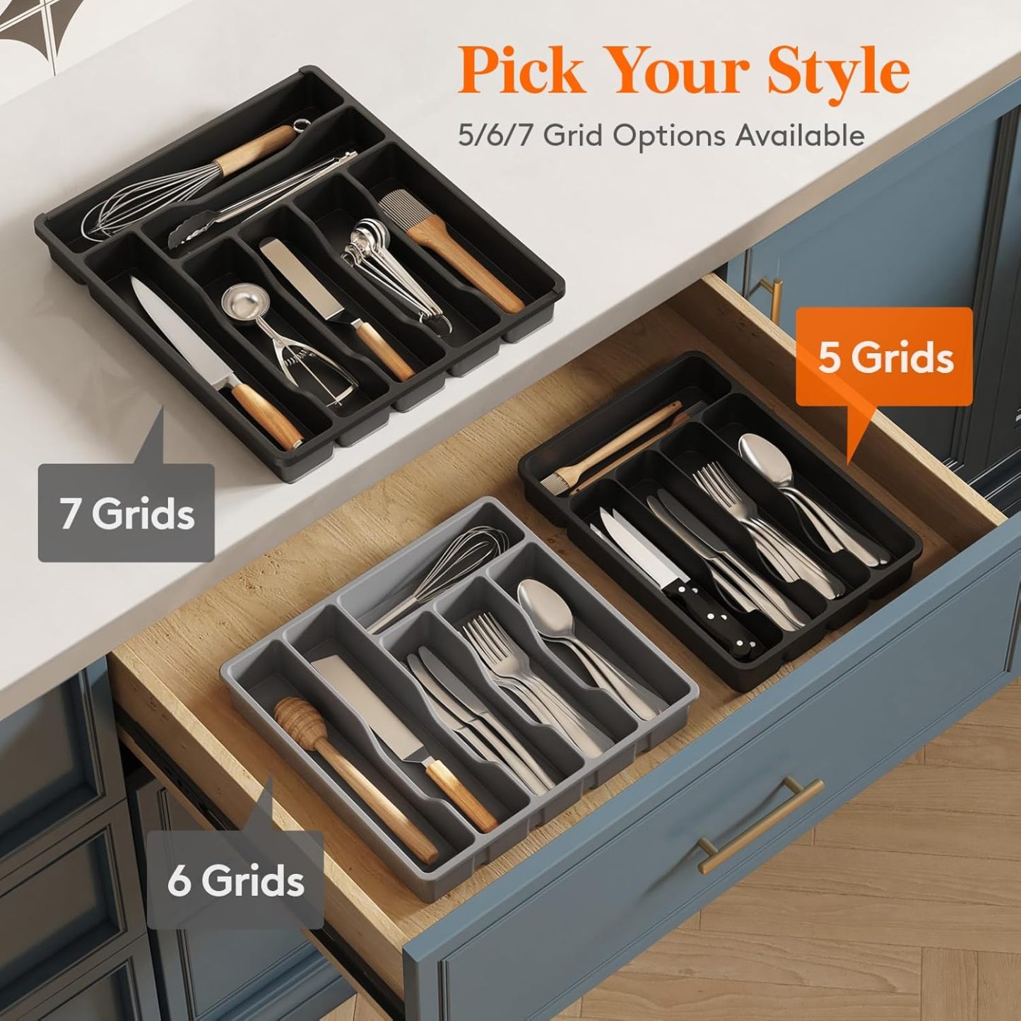 Silverware Drawer Organizer Tray, Plastic Cutlery Storage for Kitchen Drawer, Flatware and Utensil Holder Divider
