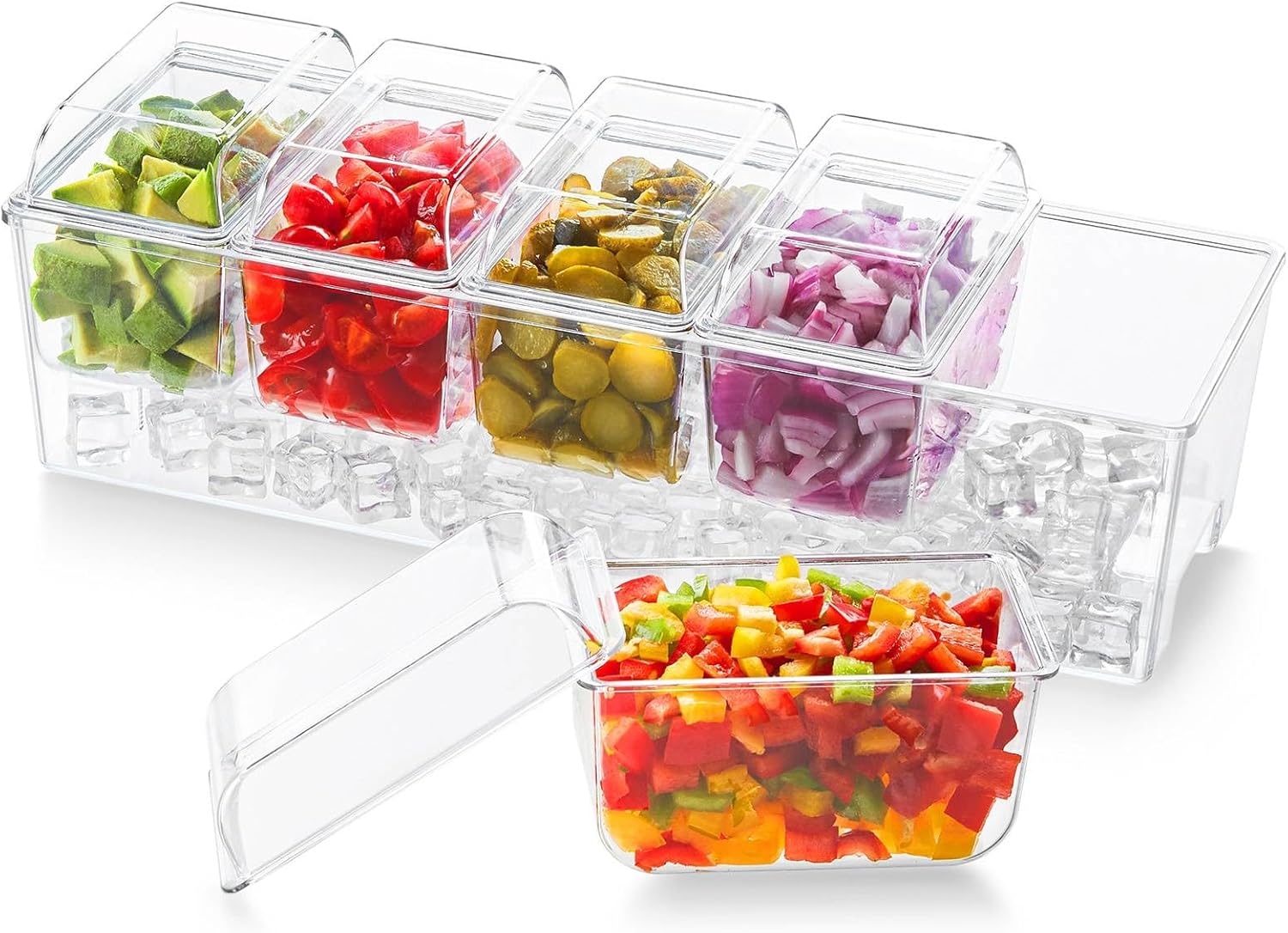 Ice Chilled Condiment Caddy with 5 Containers(2.5 cup), Condiment Server with Separate Lids