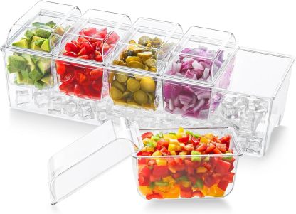 Ice Chilled Condiment Caddy with 5 Containers(2.5 cup), Condiment Server with Separate Lids