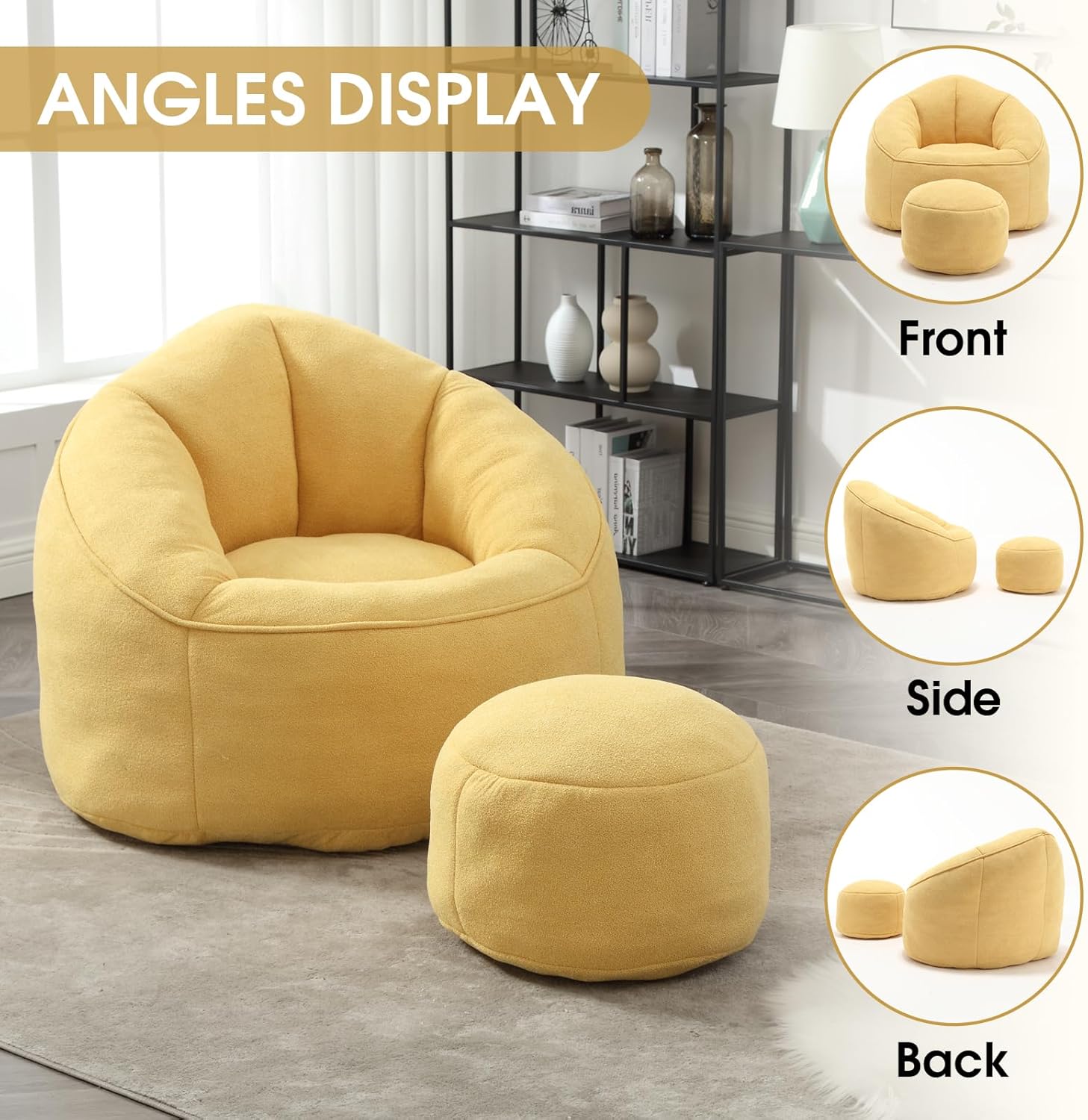 Bean Bag Chair for Adult, Microfiber Upholstered Bean Bag Sofa with Petal Back, Shell-Shaped Beanbag Chair with Footstool