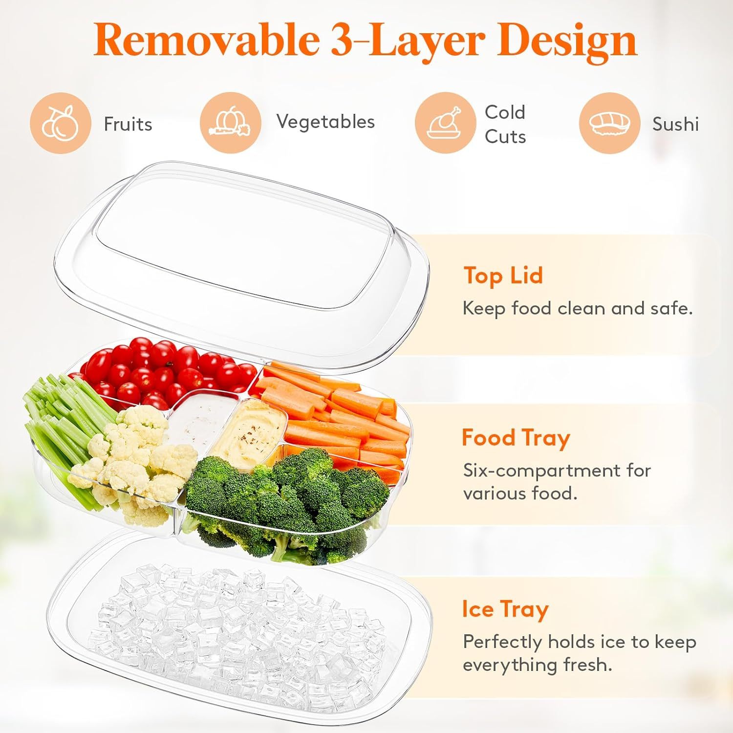 Chilled Serving Tray with Lid, 15" Shrimp Cocktail Platter with 6 Compartments, Divided Serving Bowl