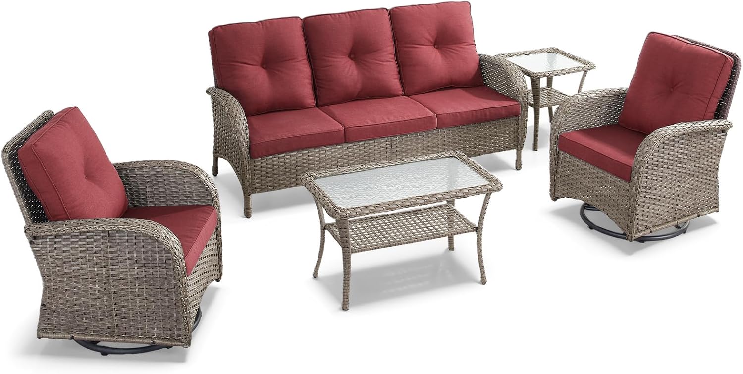 Wicker Patio Furniture Set-All Weather Rattan Patio Sofa Set with Swivel Rocker Chairs Outdoor Conversation Set