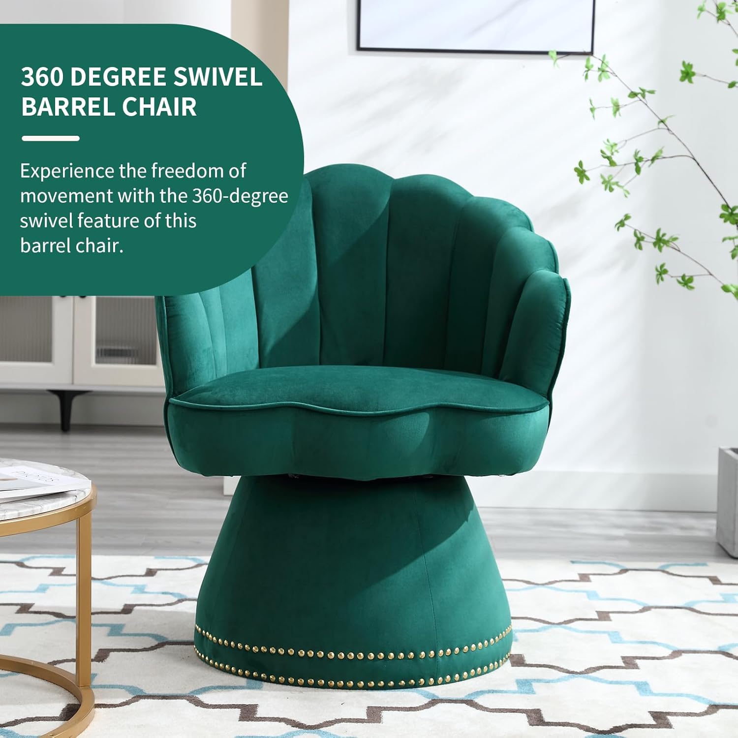 360 Degree Swivel Barrel Chair, Velvet Upholstered Armchair, Round Accent Sofa Chair with Shell Back Design and Nailhead Trim