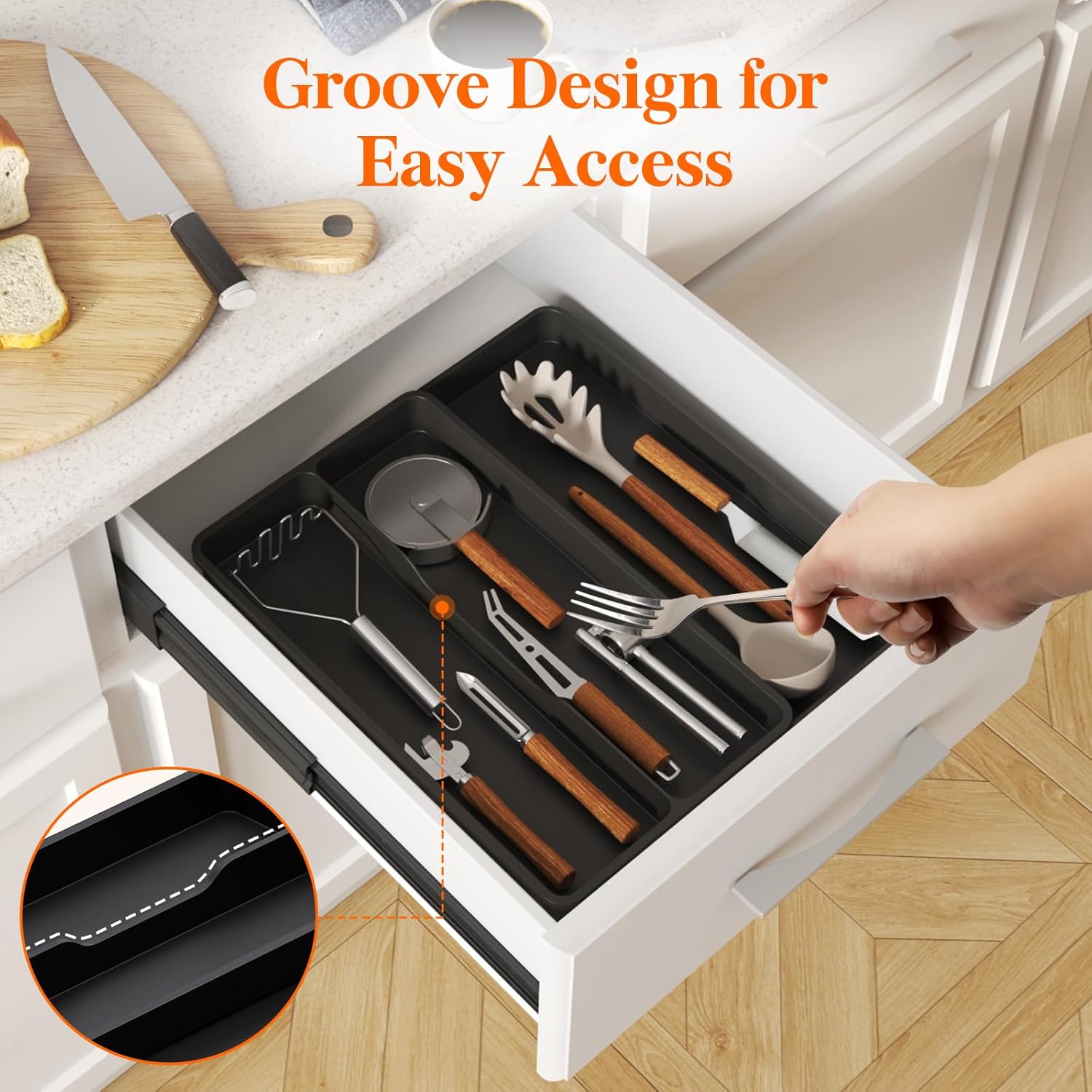Utensil Drawer Organizer, Expandable Cooking Silverware Tray for Kitchen Drawer, Adjustable Cutlery Flatware Holder