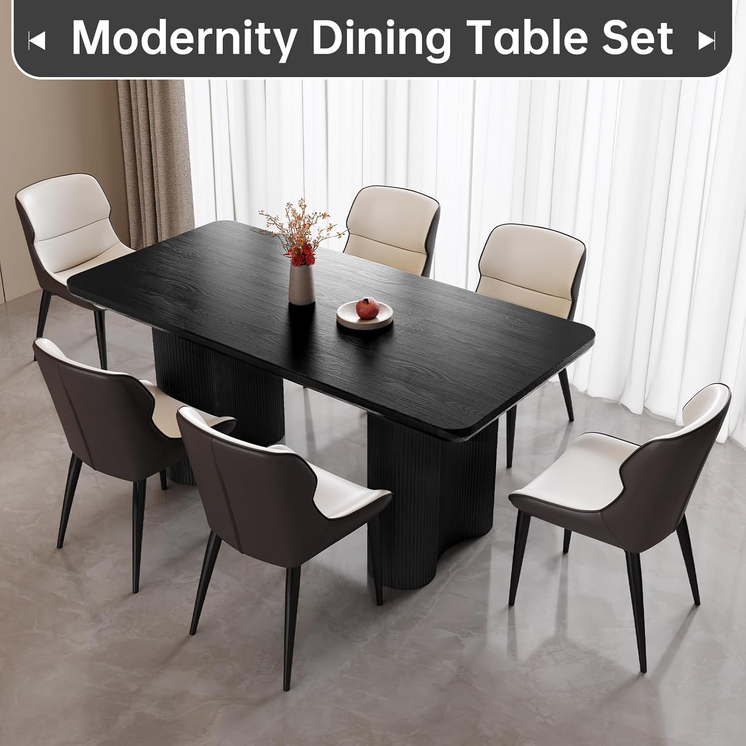 63" Black Dining Table, Modern Kitchen Table with Spacious Desktop, Kitchen Dining Table with Sturdy Sleek Wave Support Pedestal for Dining Room