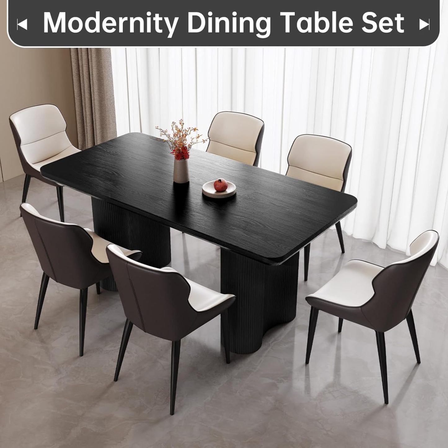 63" Black Dining Table, Modern Kitchen Table with Spacious Desktop, Kitchen Dining Table with Sturdy Sleek Wave Support Pedestal for Dining Room