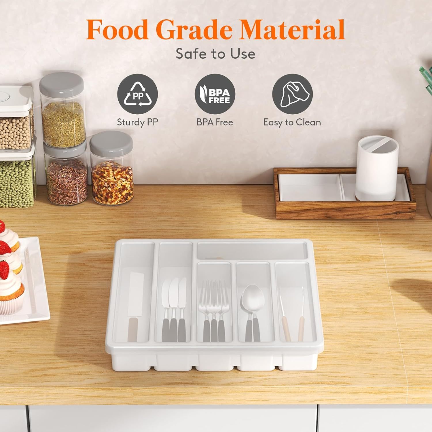 Silverware Organizer with Lid, Covered Utensil Tray for Kitchen Drawer and Countertop, Plastic Cutlery and Flatware Storage Box