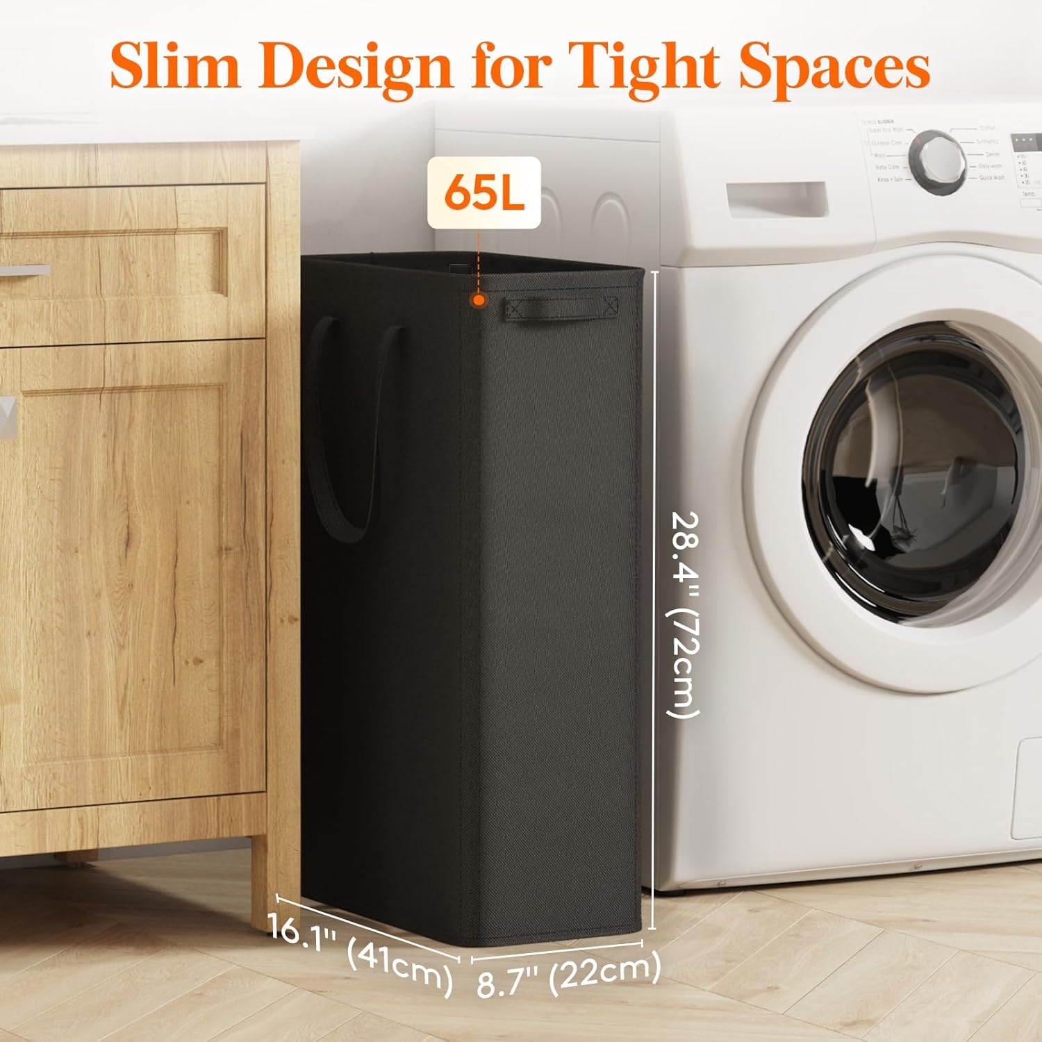 65L 2 Pack Slim Laundry Hamper, Narrow Laundry Basket with Handles, Collapsible Thin Dirty Clothes Hampers for Laundry