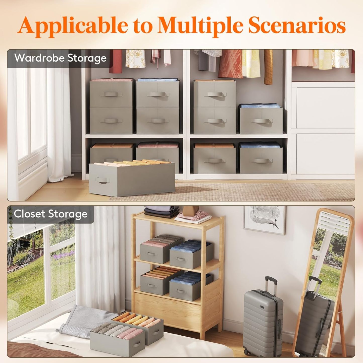 Wardrobe Clothes Organizer 6 Pack, Large Size 6 Grids Closet Jean Storage Bins with Handles and Support Boards