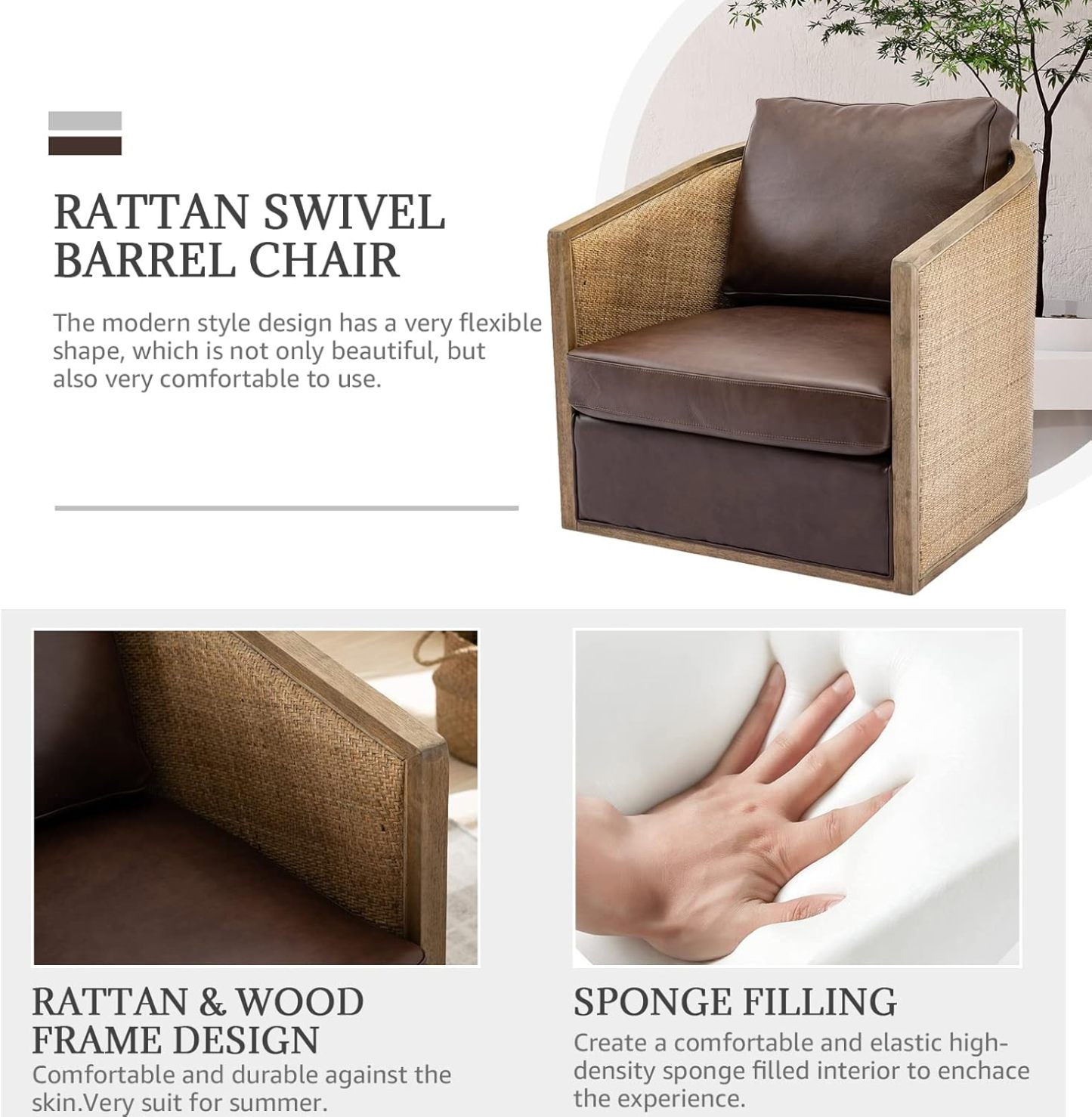 Swivel Barrel Chair with Rattan Design, Leather Accent Sofa Chair, Club Chair with Pillow, Leisure Arm Chair for Living Room, Hotel, Bedroom