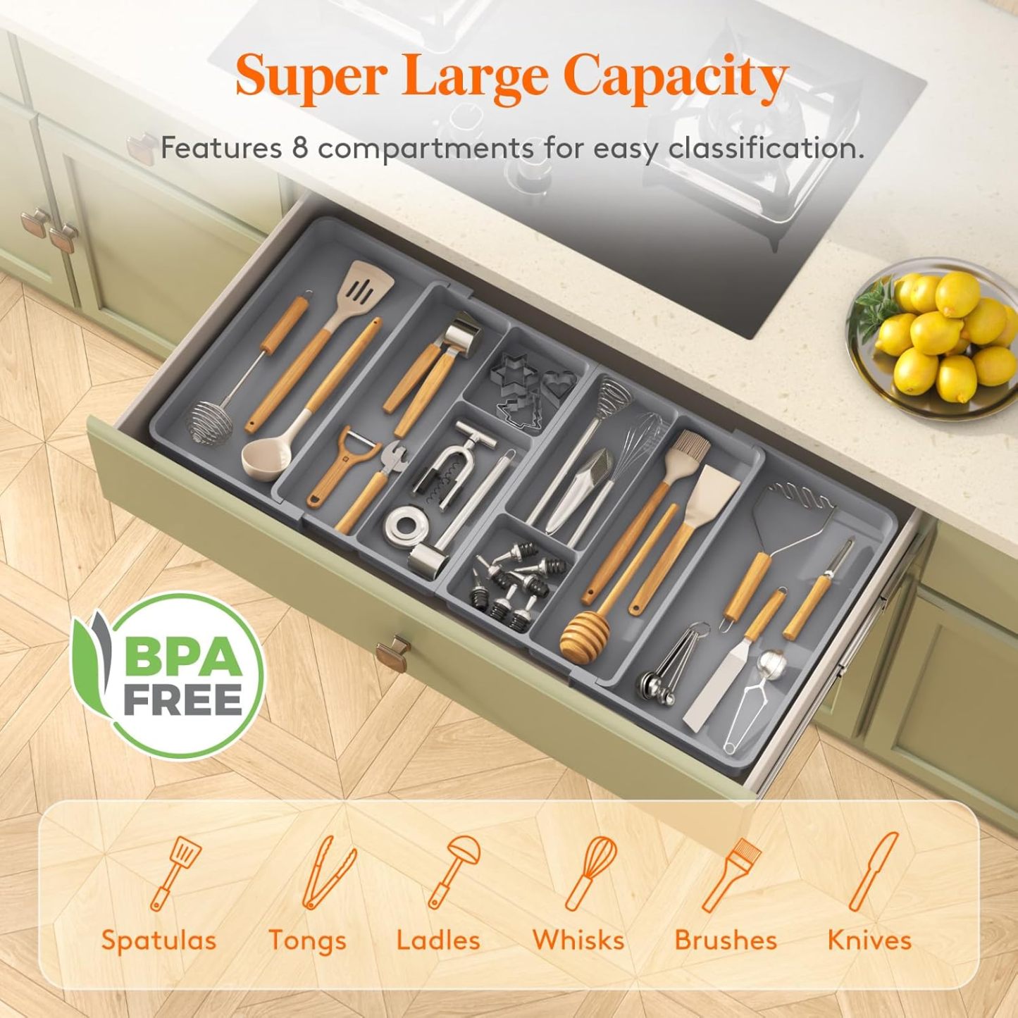 Large Utensil Organizer for Kitchen Drawer, Expandable From 21 to 36 Inches, Adjustable Cooking Silverware Tray