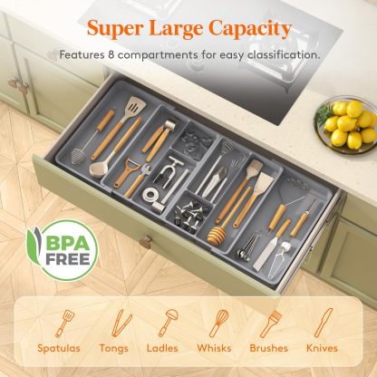 Large Utensil Organizer for Kitchen Drawer, Expandable From 21 to 36 Inches, Adjustable Cooking Silverware Tray