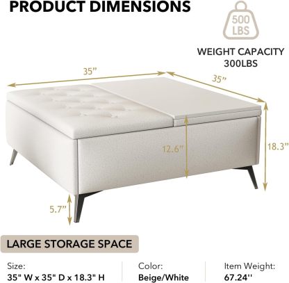 Square Storage Ottoman Bench, Linen Upholstered Coffee Table with Lift Top, Oversized End Bed Bench with Metal Legs