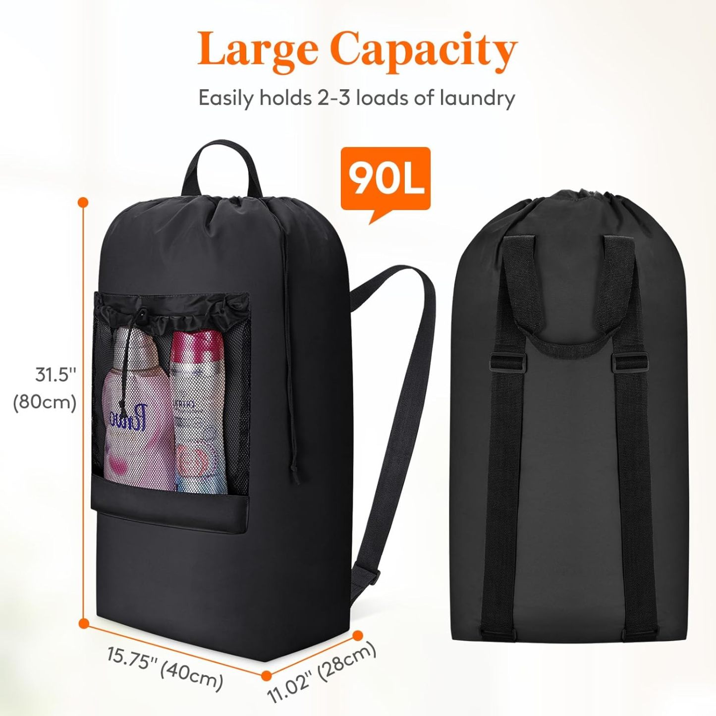90L Laundry Bag, Extra Large Laundry Backpack with Shoulder Straps and Mesh Pocket for Laundromat, Heavy Duty Laundry Bag Backpack