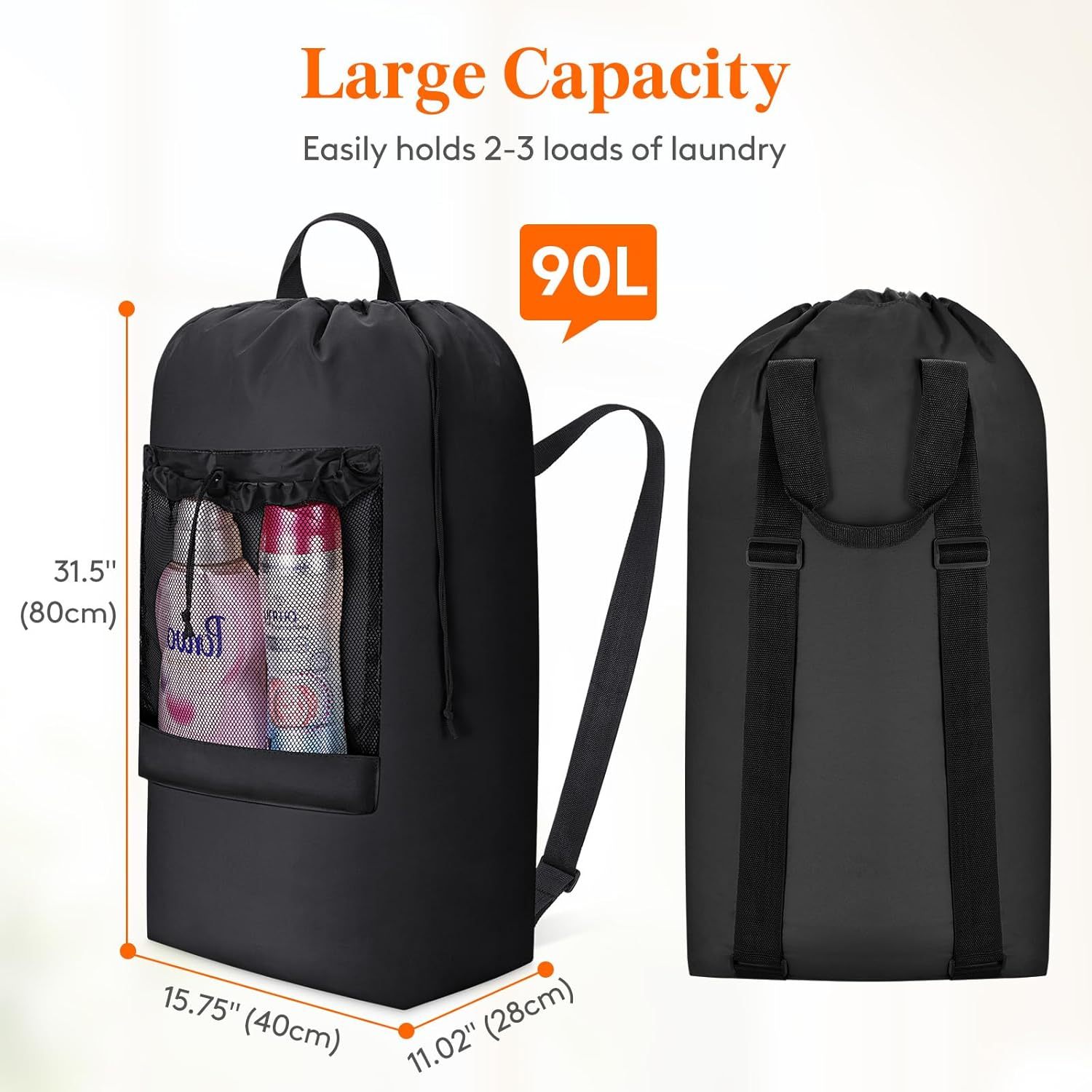 90L Laundry Bag, Extra Large Laundry Backpack with Shoulder Straps and Mesh Pocket for Laundromat, Heavy Duty Laundry Bag Backpack