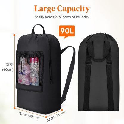 90L Laundry Bag, Extra Large Laundry Backpack with Shoulder Straps and Mesh Pocket for Laundromat, Heavy Duty Laundry Bag Backpack