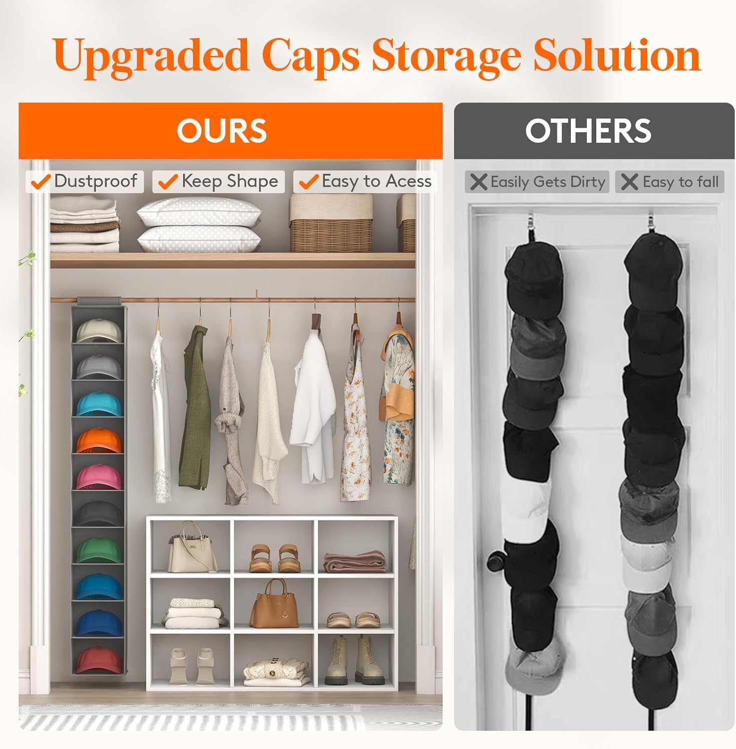 10 Compartments Hat Organizer for Baseball Caps, 1 Pack Hat Rack Hanging Storage Organizer