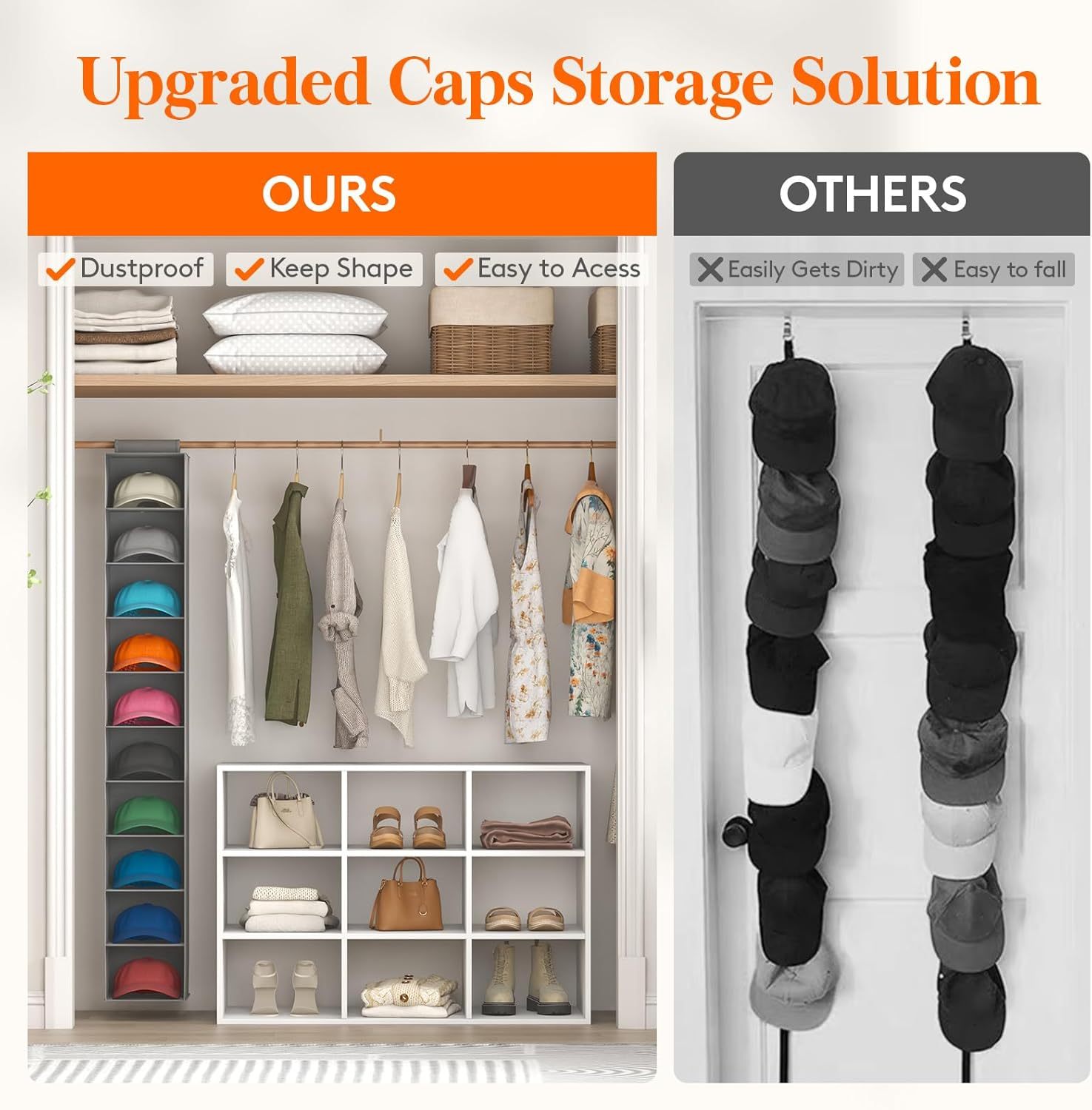 10 Compartments Hat Organizer for Baseball Caps, 1 Pack Hat Rack Hanging Storage Organizer